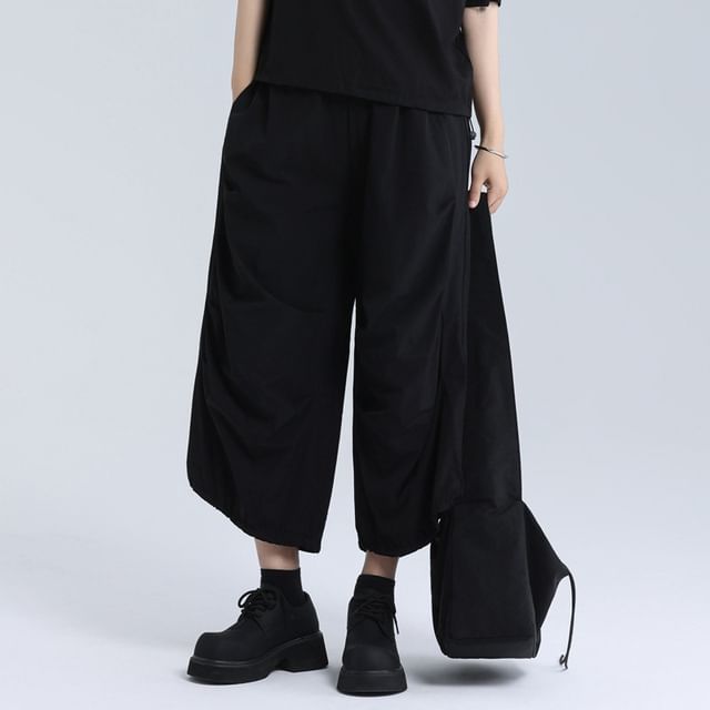 SIMPLE BLACK-Elastic Waist Plain Cropped Wide Leg Pants