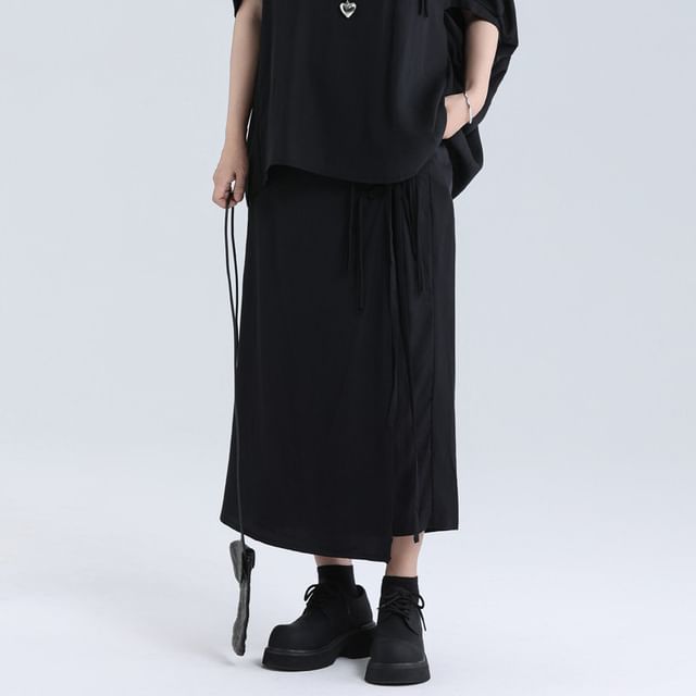 SIMPLE BLACK-Elastic Waist Plain Culottes