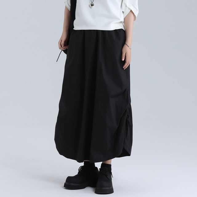 SIMPLE BLACK-Elastic Waist Plain Drawstring Midi A-Line Skirt