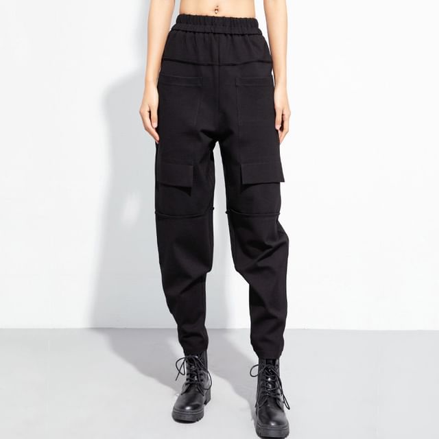 SIMPLE BLACK-Elastic Waist Plain Harem Cargo Pants