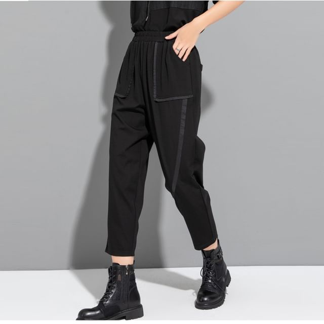 SIMPLE BLACK-Elastic Waist Plain Panel Cropped Baggy Pants