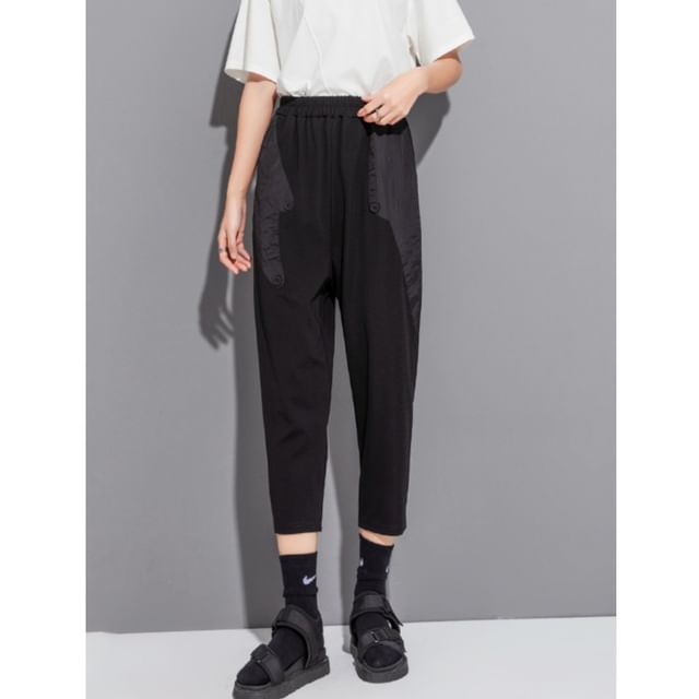 SIMPLE BLACK-Elastic Waist Plain Panel Cropped Tapered Pants