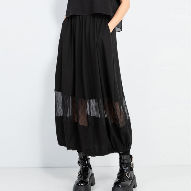 SIMPLE BLACK-Elastic Waist Plain Panel Mesh Midi Balloon Skirt