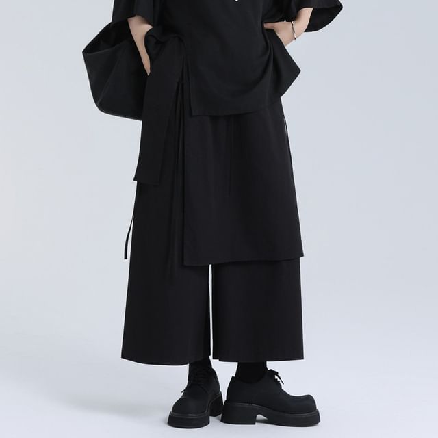 SIMPLE BLACK-Elastic Waist Plain Skirt Overlay Culottes