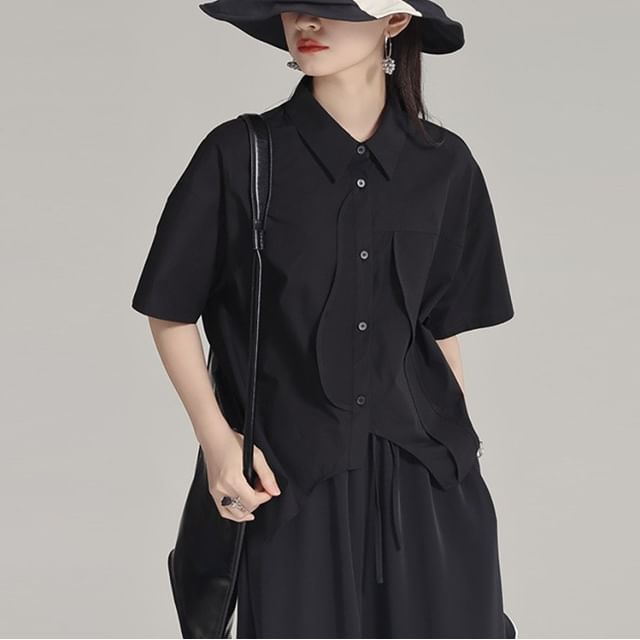 SIMPLE BLACK-Elbow-Sleeve Collared Asymmetrical Button-Up Plain Blouse