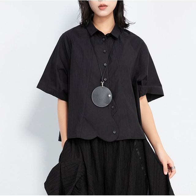 SIMPLE BLACK-Elbow-Sleeve Collared Asymmetrical Button-Up Plain Blouse