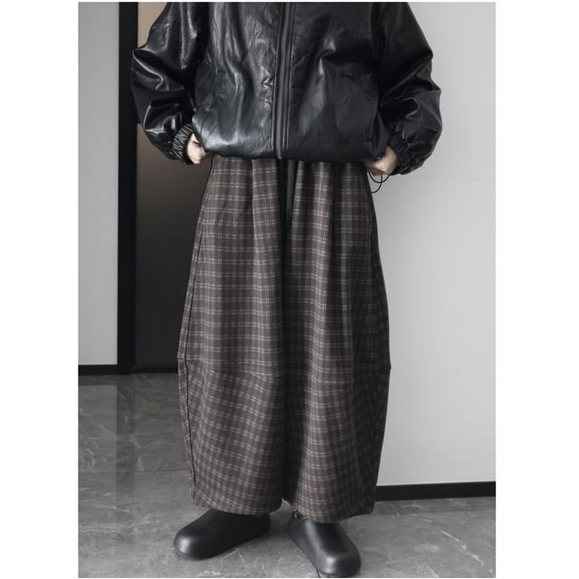 SIMPLE BLACK-High Rise Plaid Crop Barrel Leg Baggy Pants
