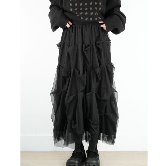 SIMPLE BLACK-High Waist Mesh Maxi Skirt