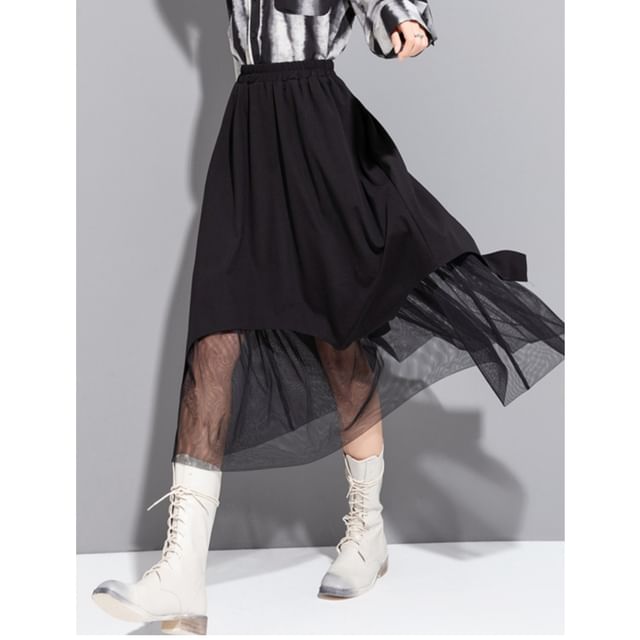 SIMPLE BLACK-High Waist Plain Asymmetrical Mesh Panel Midi A-Line Skirt