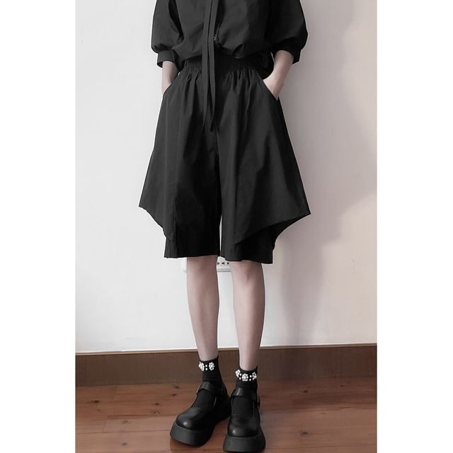 SIMPLE BLACK-High Waist Plain Asymmetrical Shorts