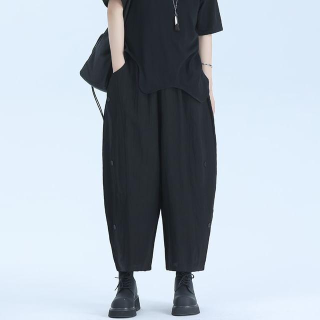 SIMPLE BLACK-High Waist Plain Harem Pants