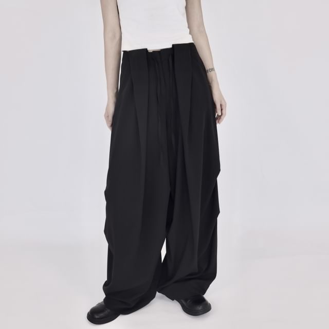 SIMPLE BLACK-High Waist Plain Wide Leg Pants