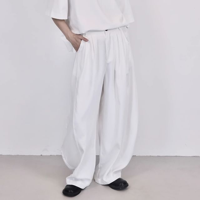 SIMPLE BLACK-High Waist Plain Wide Leg Pants