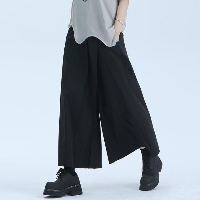 SIMPLE BLACK-High Waist Plain Wide Leg Pants