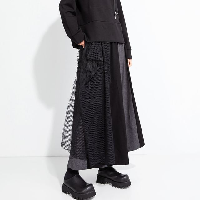 SIMPLE BLACK-High Waist Two Tone Mesh Panel Asymmetrical Cropped Wide Leg Pants