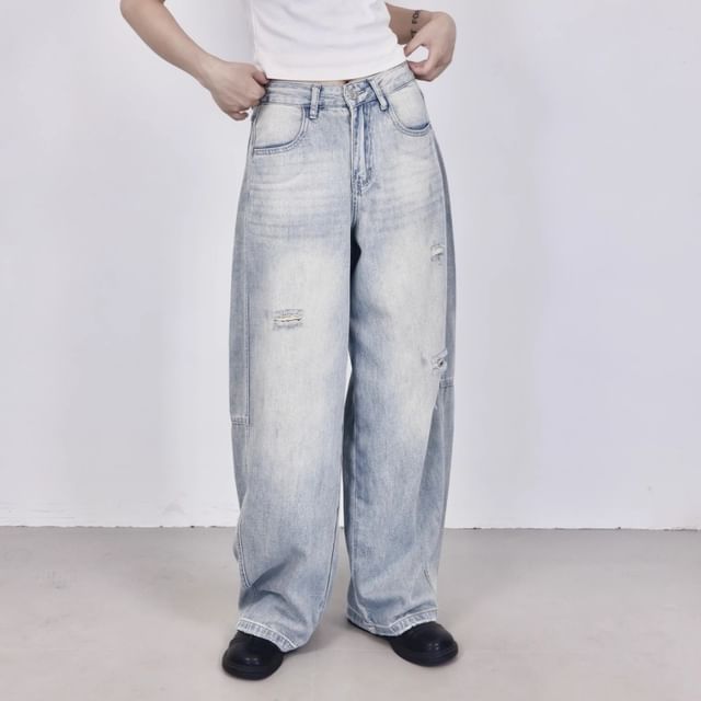 SIMPLE BLACK-High Waist Washed Wide Leg Jeans