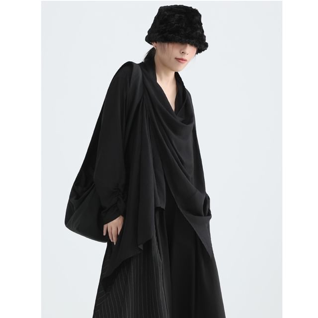 SIMPLE BLACK-Long Sleeve Cowl Neck Plain Asymmetrical Top