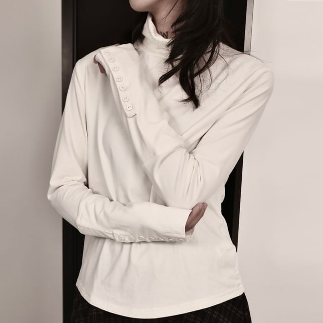 SIMPLE BLACK-Long-Sleeve Mock Neck Plain T-Shirt