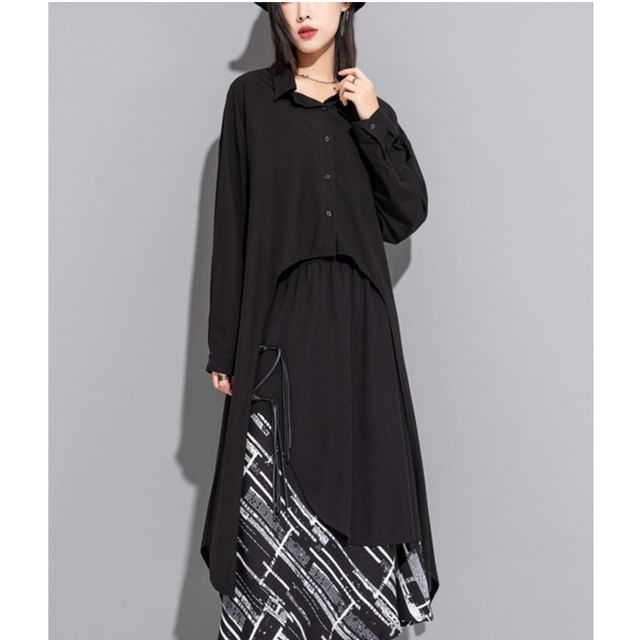 SIMPLE BLACK-Long-Sleeve Plain Asymmetrical Shirt
