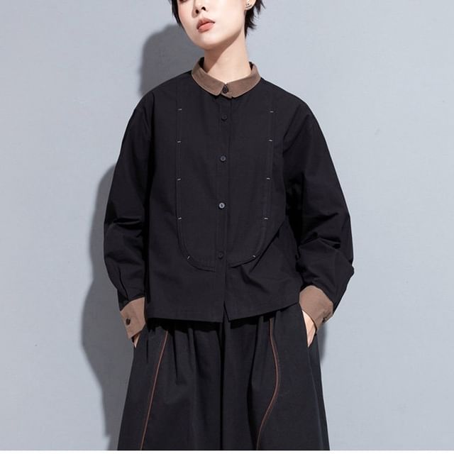 SIMPLE BLACK-Long-Sleeve Plain Contrast Trim Shirt