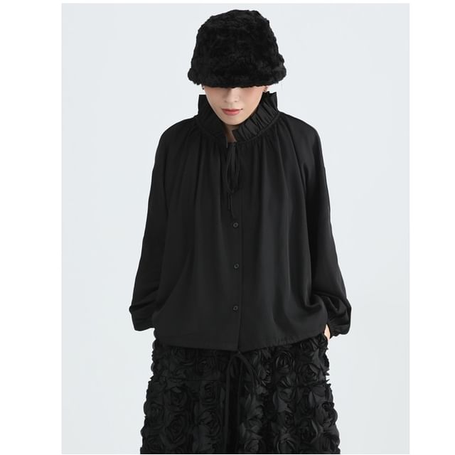 SIMPLE BLACK-Long Sleeve Stand Collar Plain Ruffle Blouse