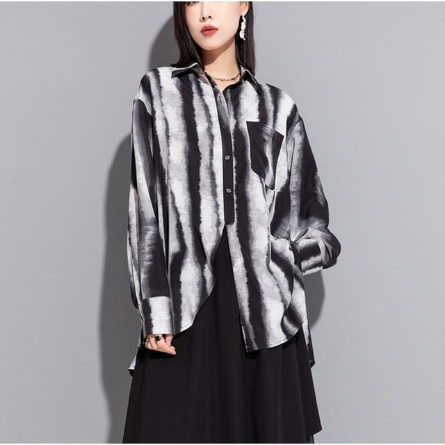 SIMPLE BLACK-Long-Sleeve Tie Dye Asymmetrical Shirt