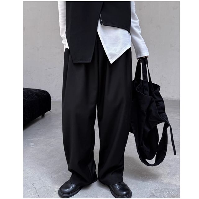 SIMPLE BLACK-Mid Waist Plain Loose Fit Suit Pants