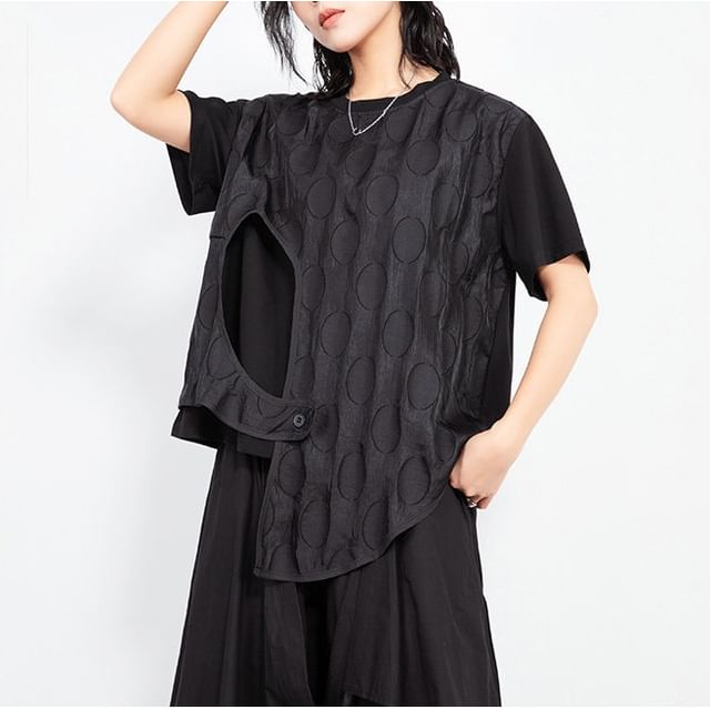 SIMPLE BLACK-Mock Two-Piece Elbow-Sleeve Crew Neck Asymmetrical Sheer Panel T-Shirt