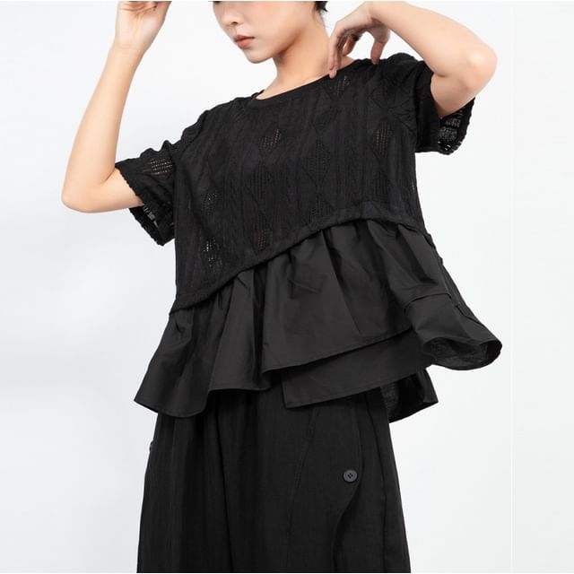 SIMPLE BLACK-Mock Two-Piece Short-Sleeve Crew Neck Asymmetrical Ruffle Panel Perforated T-Shirt