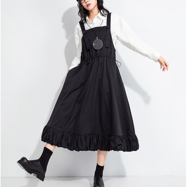 SIMPLE BLACK-Plain Drawstring Waist Midi A-Line Overall Dress