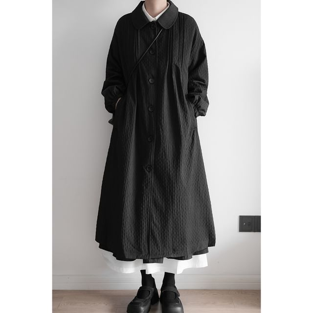 SIMPLE BLACK-Puff-Sleeve Plain Midi Single-Breasted Coat