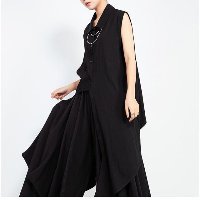SIMPLE BLACK-Sleeveless Collared Asymmetrical Button-Up Plain Blouse