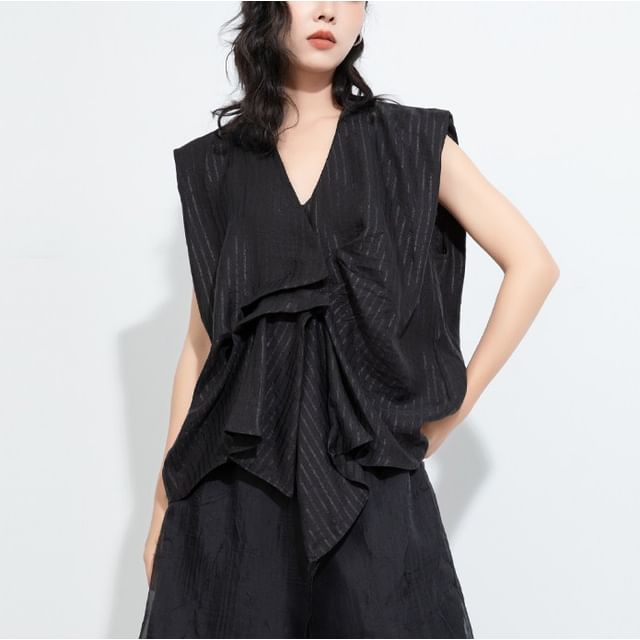 SIMPLE BLACK-Sleeveless V-Neck Striped Ruched Asymmetrical Top