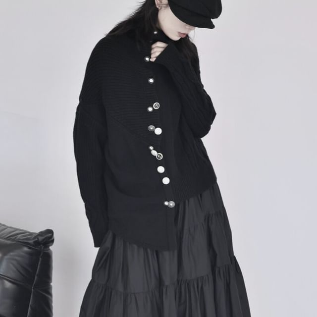 SIMPLE BLACK-Stand Collar Asymmetrical Button-Up Plain Cable Knit Cardigan