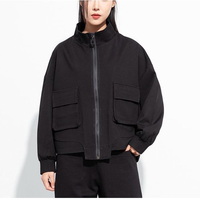 SIMPLE BLACK-Stand Collar Plain Pocket Detail Asymmetrical Zip Jacket