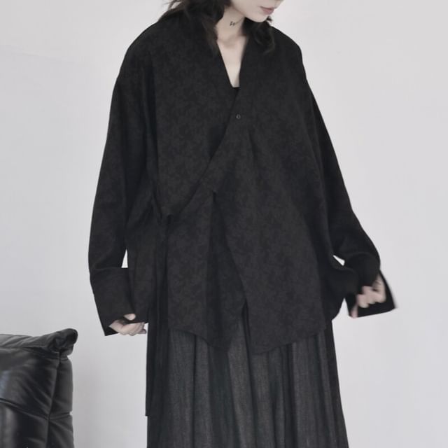 SIMPLE BLACK-V-Neck Jacquard Tie Waist Wrap Jacket