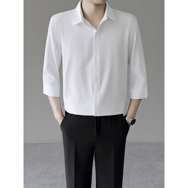 Sinlarity-34-Sleeve Button-Up Plain Shirt