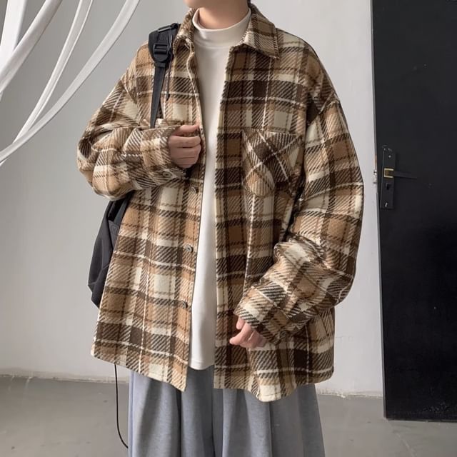 Sinlarity-Button-Up Plaid Shirt Jacket