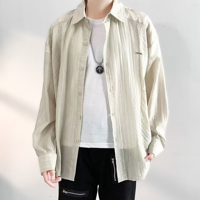 Sinlarity-Collared Plain Lined Button Up Shirt