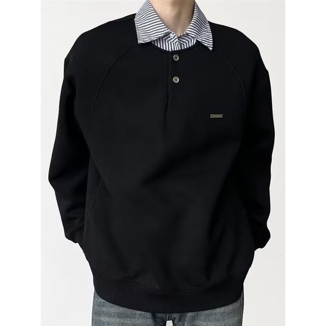 Sinlarity-Collared Striped Mock Two Piece Sweatshirt