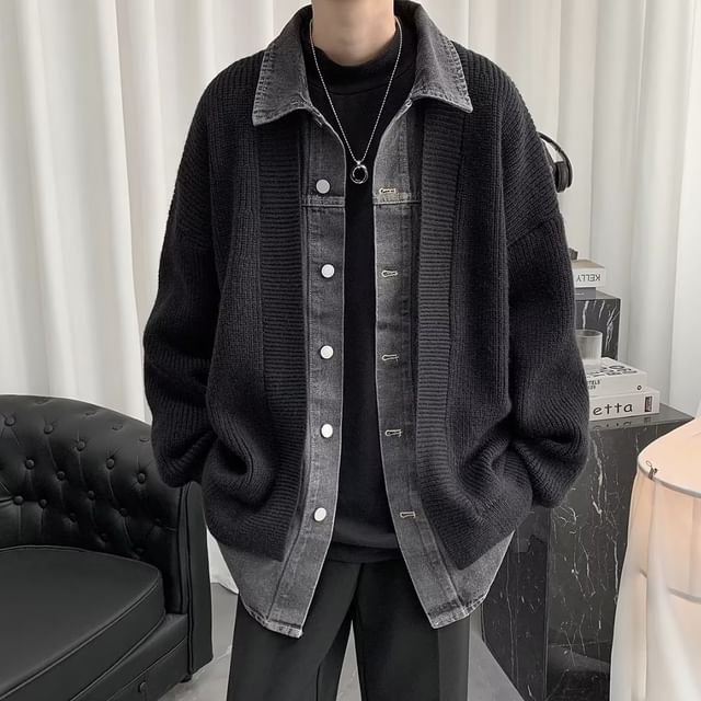 Sinlarity-Collared Washed Denim Panel Cardigan