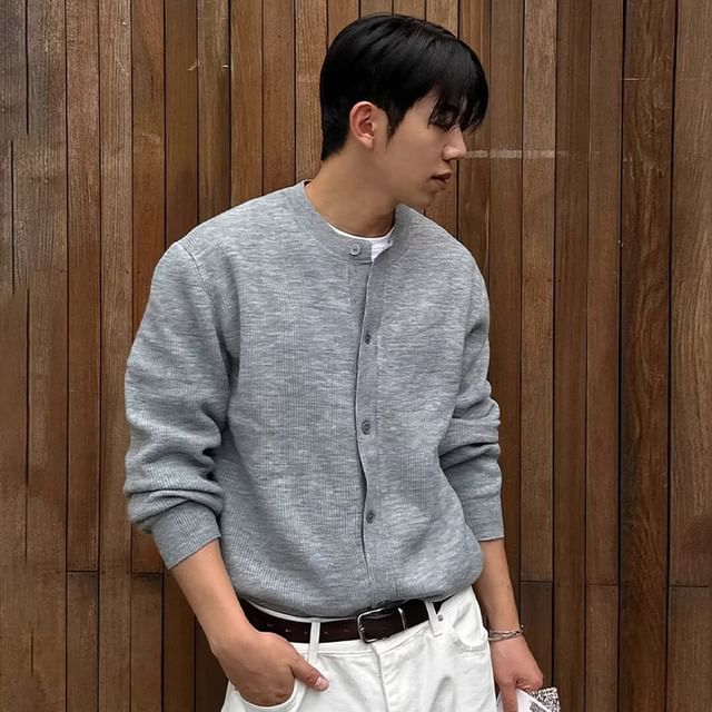 Sinlarity-Crewneck Button-Up Plain Cardigan
