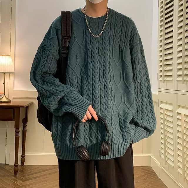 Sinlarity-Crewneck Cable Knit Plain Sweater