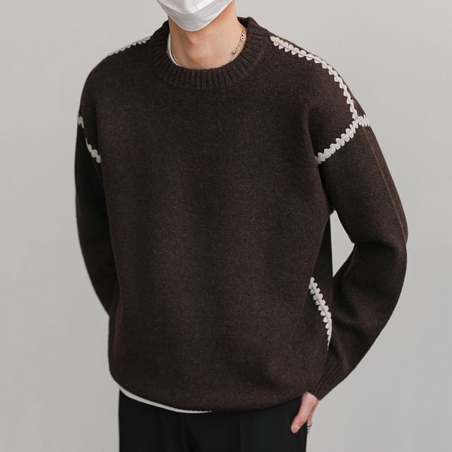 Sinlarity-Crewneck Contrast Stitching Sweater
