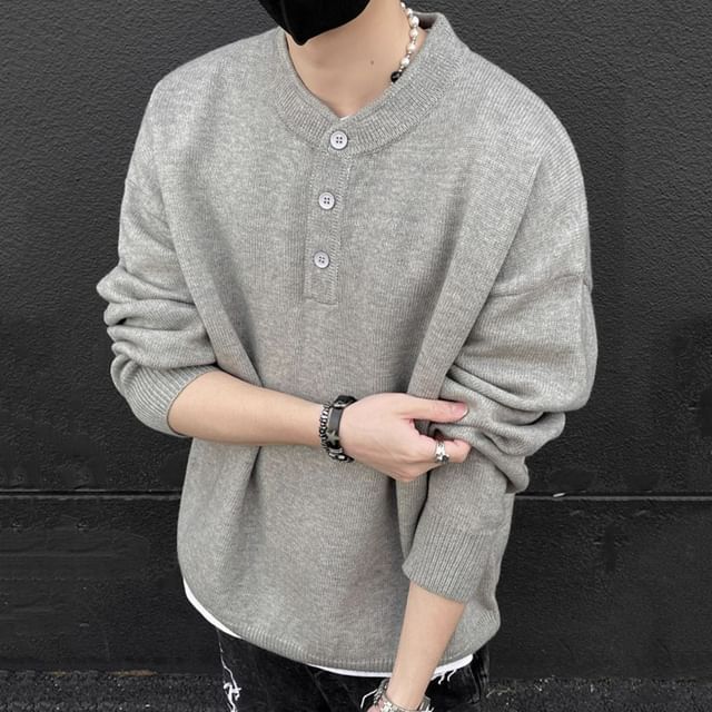 Sinlarity-Crewneck Henley Plain Sweater