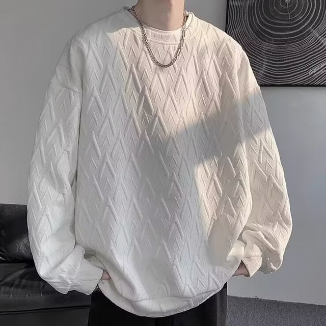 Sinlarity-Crewneck Jacquard Plain Sweater
