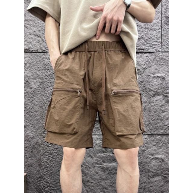 Sinlarity-Drawstring Waist Plain Cargo Shorts