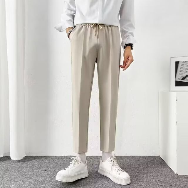 Sinlarity-Drawstring Waist Plain Cropped Tapered Pants