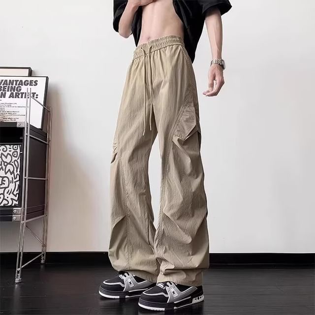 Sinlarity-Drawstring Waist Plain Ruched Wide Leg Pants