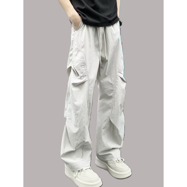 Sinlarity-Drawstring Waist Plain Straight Leg Parachute Pants